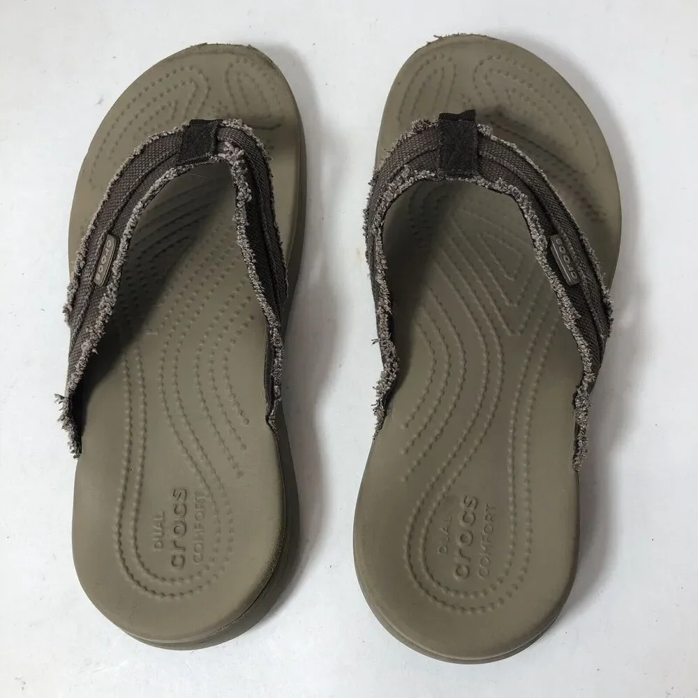 Crocs Sandals Mens Size 7 Dual Comfort Distressed Flip Flops Thong Taupe Brown C